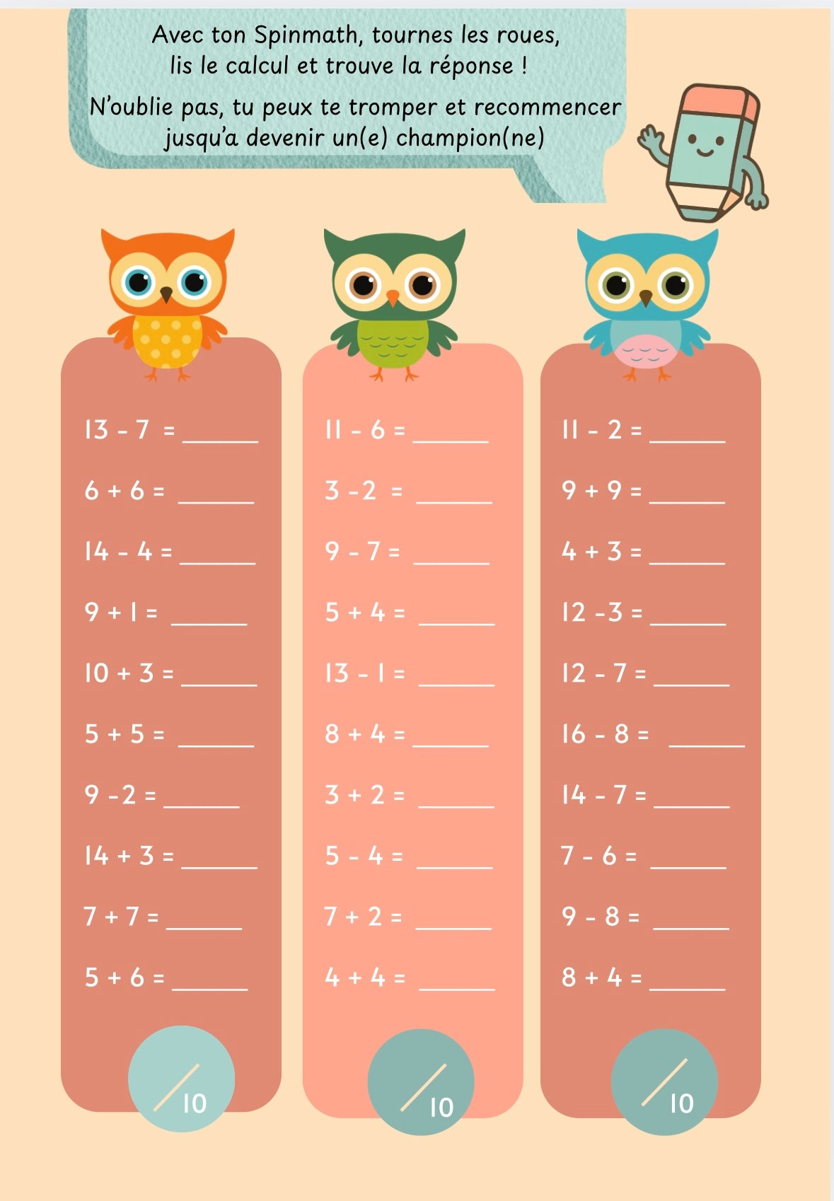 SpinMath additions et soustractions + maisons nombres de 2 à 9+ fiches d'exercices