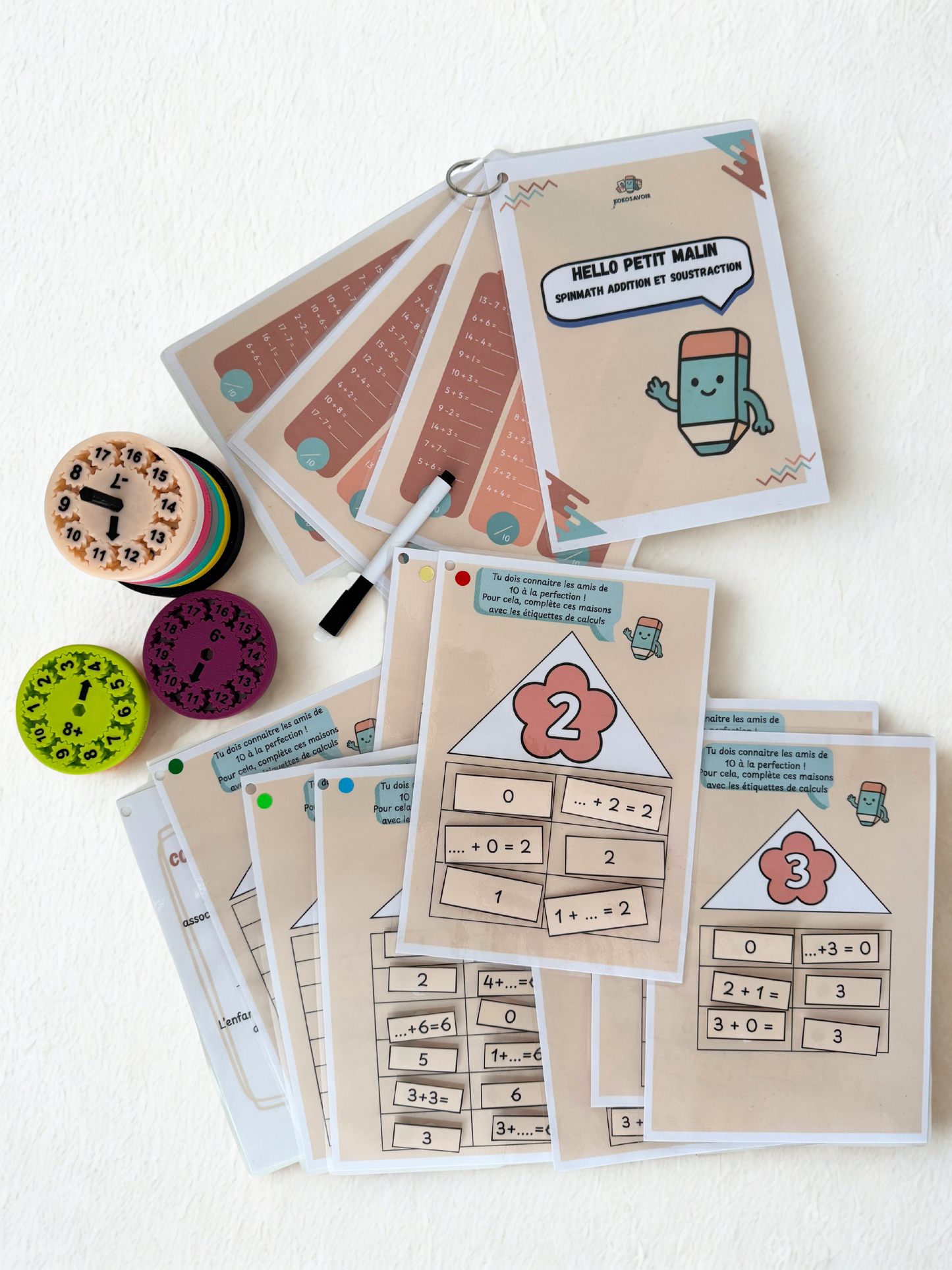 SpinMath additions et soustractions + maisons nombres de 2 à 9+ fiches d'exercices